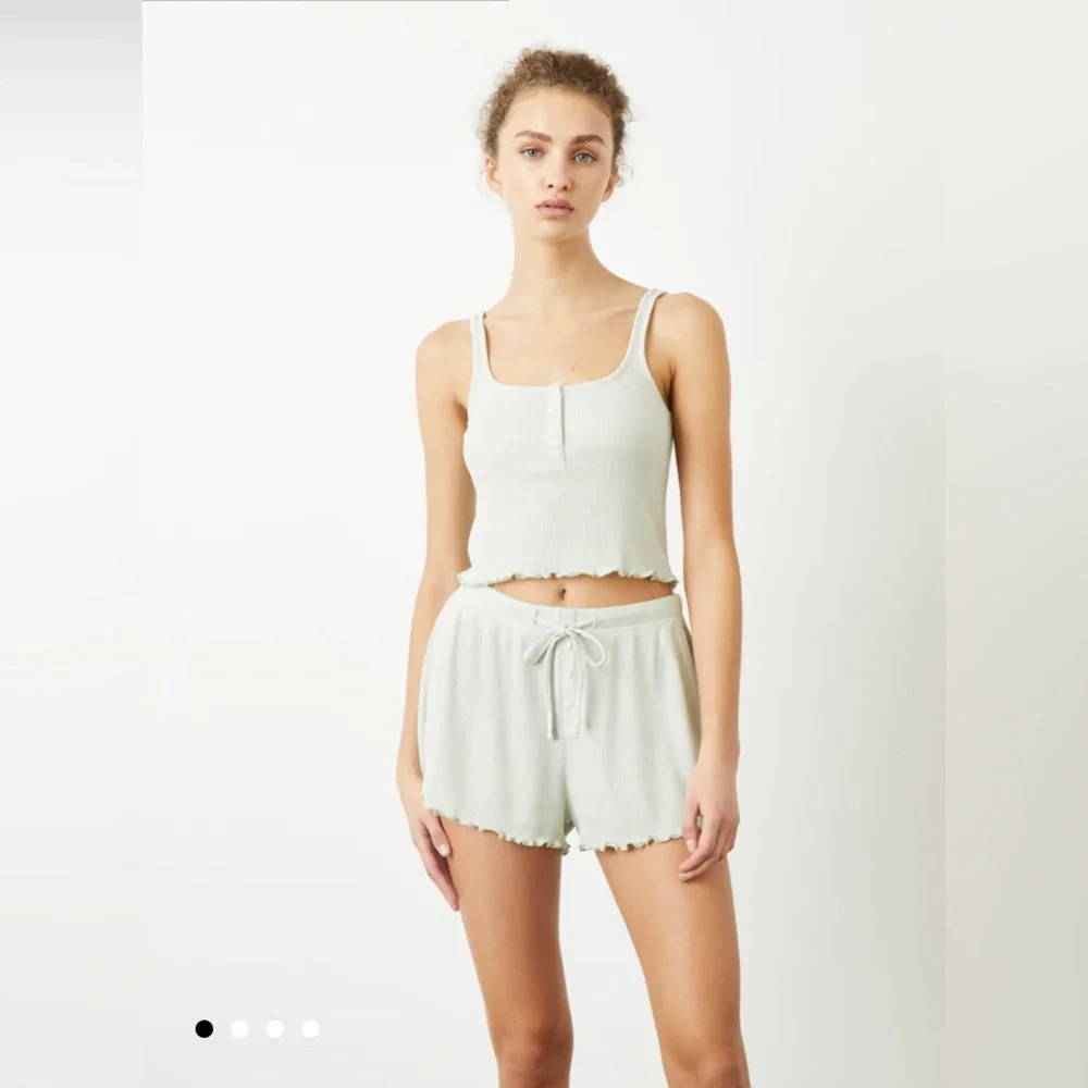 Bandier Wesley WSLY Loungewear Set: Hudson Henley Ribbed Tank + Short Soft Sage - Picture 2 of 8